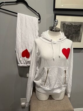 Aviator Nation White Hoodie and Sweatpants Set with Heart Stitching Logo, Small